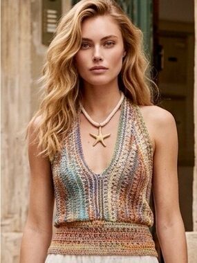Crochet Halter Knit Top, Backless w/Tie Neck & Multicolored Ombre Design S,M,L